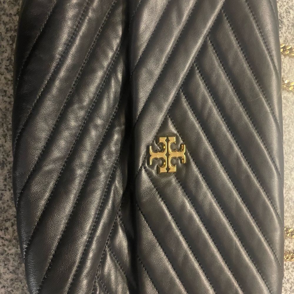 Tory Burch Black Quilted Leather Handbag with Gold Accent